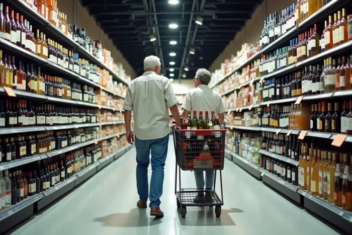 Couple français faisant des courses d'alcool dans un supermarché espagnol près de la frontière à La Jonquera