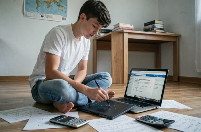 Adolescent révisant les formules trigonométriques cos a plus cos b avec une tablette graphique et des fiches de cours dans sa chambre
