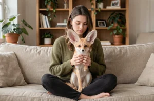 Jeune femme tenant un fennec dans ses bras dans un appartement français cosy, illustrant l'adoption d'un fennec comme animal de compagnie