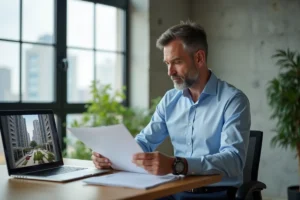 Agent immobilier analysant les coûts d'une visite virtuelle sur ordinateur dans un bureau moderne