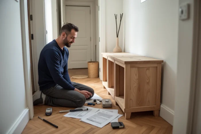 Homme assemblant un meuble de rangement modulable dans un couloir d'entrée appartement