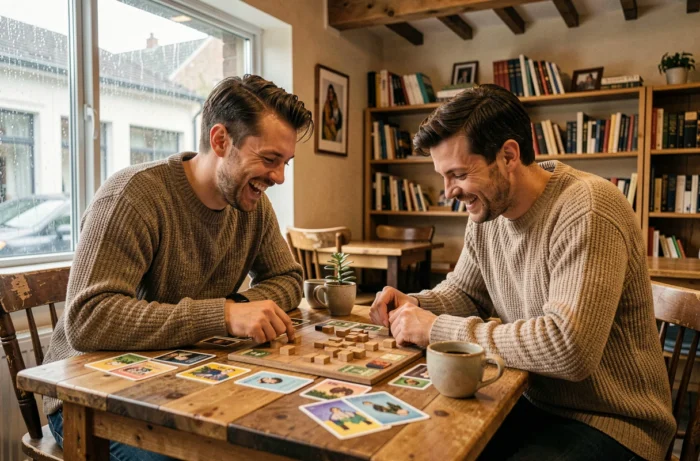 Deux amis jouant à un jeu de société dans un café cosy, activité loisirs conviviale en intérieur