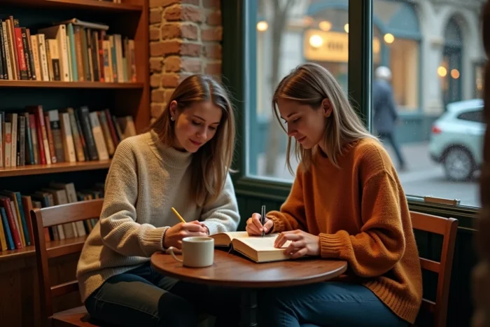 Deux amis lisant et écrivant dans une librairie-café cosy, loisirs culturels et détente au quotidien