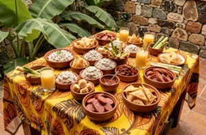 Table d'apéro dînatoire créole avec accras, boudin antillais et ti-punch sur une terrasse tropicale
