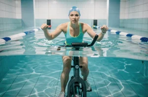 Femme pratiquant l'aquabike dans une piscine intérieure moderne à Orléans, vue à hauteur d'eau