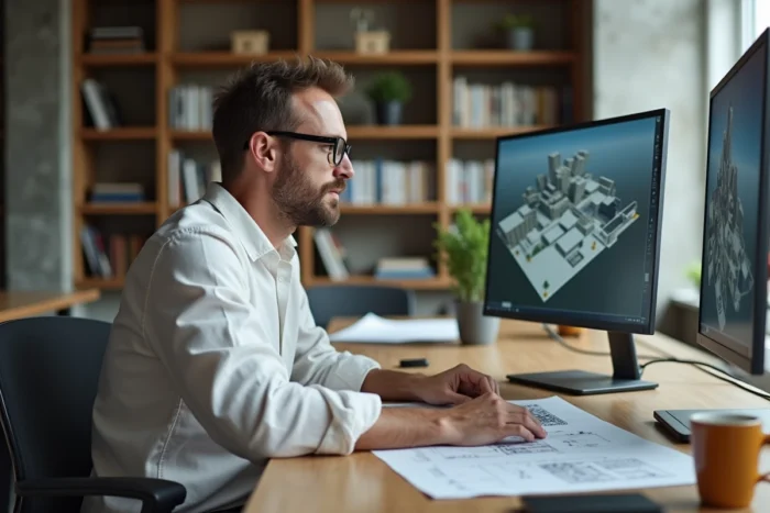 Architecte masculin examinant une visite virtuelle 3D sur grand écran dans un studio de conception moderne