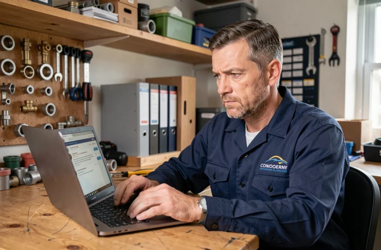 Artisan plombier consultant les avis clients sur Depanneo depuis son bureau atelier