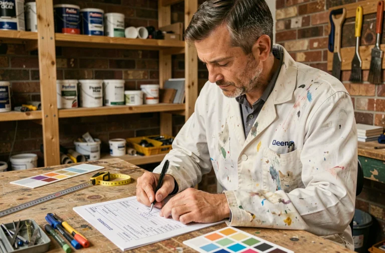 Artisan en blouse de travail rédigeant un devis de rénovation sur un établi en bois entouré d'outils et d'échantillons de couleurs