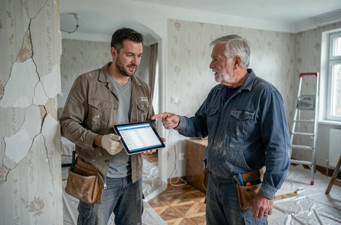 Deux artisans discutant d'un devis de rénovation devant un mur fissuré dans un salon en travaux avec tablette numérique