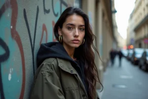 Jeune femme artiste de rap français posant avec confiance dans une ruelle parisienne aux murs couverts de graffitis, style streetwear urbain