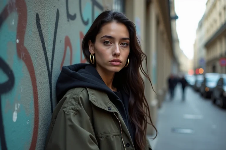 Jeune femme artiste de rap français posant avec confiance dans une ruelle parisienne aux murs couverts de graffitis, style streetwear urbain