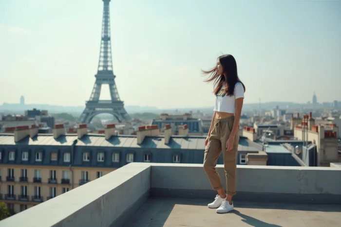 Artiste féminine du rap français sur un rooftop parisien avec panorama urbain de toits haussmanniens en arrière-plan, tenue streetwear moderne