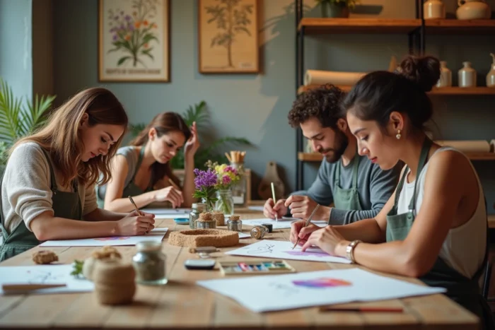 Atelier créatif participatif chez Bazaar & Compagnie avec adultes autour d'une table de travail couverte de matériaux artisanaux
