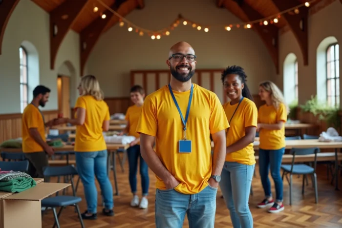 Bénévoles du comité des fêtes installant des tables et des décorations dans une salle communale avant un événement