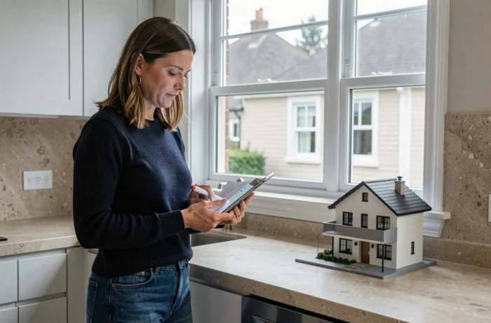Femme consultant un bilan énergétique sur tablette dans une cuisine rénovée avec double vitrage