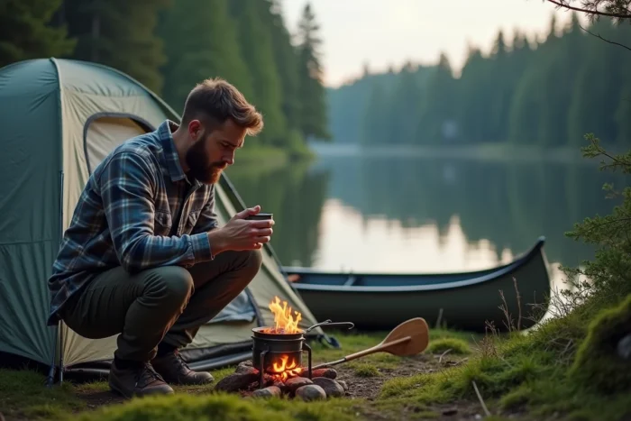 Aventurier nomade préparant un repas au bord d'un lac lors d'un bivouac en forêt boréale avec tente et canoë
