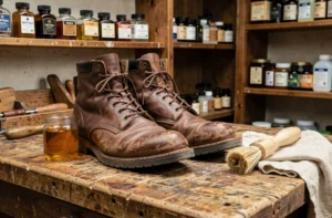 Bottes en cuir marron posées sur un établi en bois avec un pot de fiel de bœuf et une brosse naturelle pour l'entretien du cuir