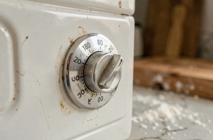 Gros plan sur le cadran d'un thermostat de four réglé à 180 degrés avec graduation Celsius