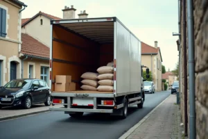 Camion 15m3 garé dans une rue résidentielle française avec les portes arrière ouvertes révélant un espace de chargement vide prêt pour un déménagement