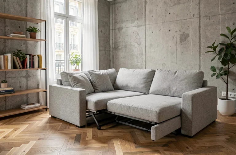 Canapé convertible déplié en position lit dans un appartement parisien compact au style scandinave, illustrant l'optimisation de l'espace de vie