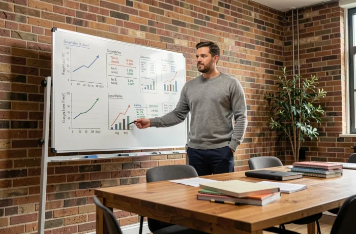 Chef d'entreprise présentant une stratégie d'abonnements promotionnels sur un tableau blanc dans un espace de travail startup