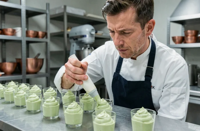 Chef pâtissier dressant des verrines de tiramisu au matcha dans une cuisine professionnelle, style reportage culinaire