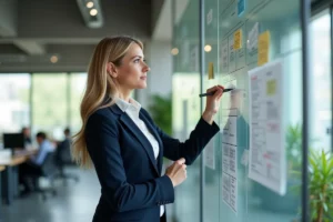 Cheffe de projet devant un tableau de planification dans un bureau moderne et collaboratif