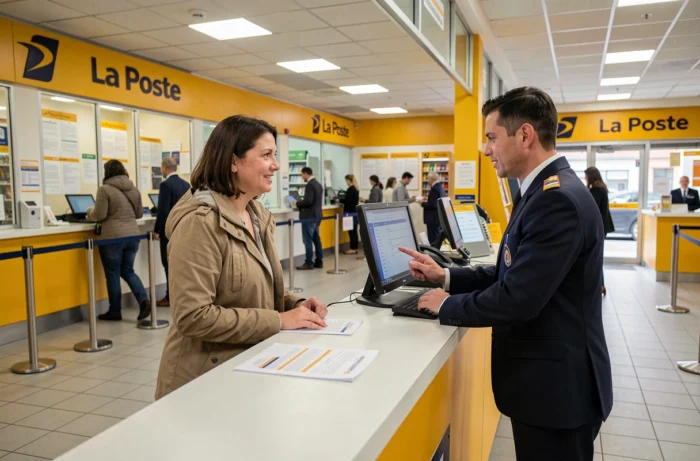 Cliente en agence La Poste discutant d'un problème d'accès à sa messagerie avec un conseiller postal