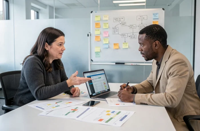 Deux collègues collaborant sur un plan de projet avec un logiciel de gestion en salle de réunion