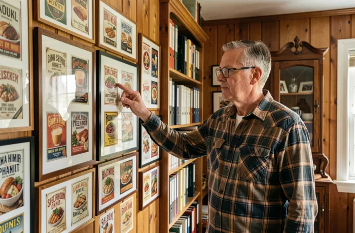 Collectionneur amateur de hagietomamophilie présentant ses étiquettes alimentaires anciennes encadrées sur un mur dédié à sa collection