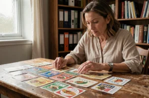 Femme étudiant une collection d'étiquettes alimentaires vintage sur une table en bois, illustrant la hagietomamophilie comme passion de collectionneur