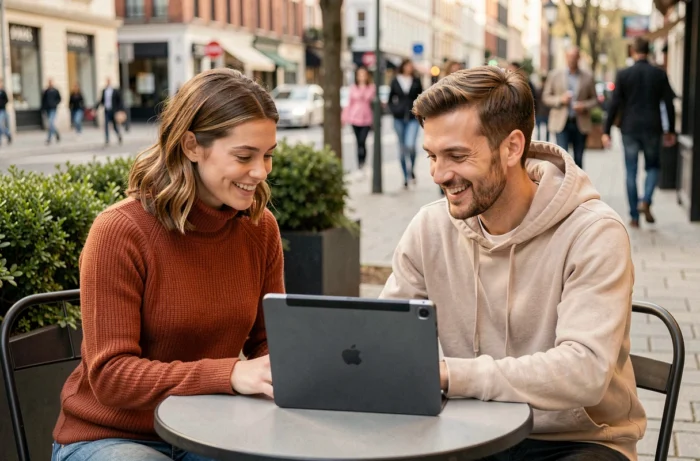 Deux collègues consultant des conseils en ligne sur une tablette en terrasse pour développer la visibilité de leur entreprise