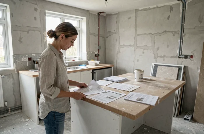 Femme comparant des devis d'artisans dans une cuisine en cours de rénovation avec murs en plâtre brut et échantillons de carrelage