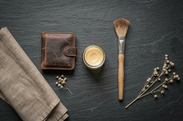 Composition à plat avec un portefeuille en cuir vintage, un pot de fiel de bœuf, une brosse et un chiffon pour l'entretien du cuir