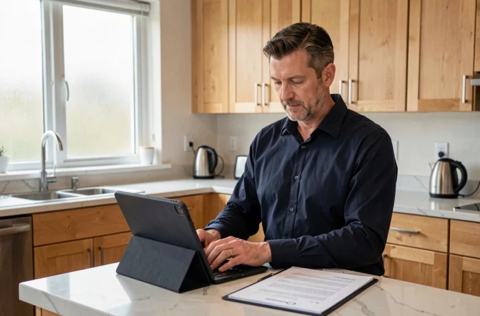 Homme consultant le portail MyFoncia sur une tablette dans une cuisine moderne avec des documents de location