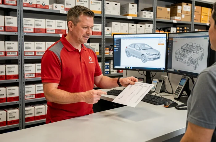 Conseiller pièces détachées Renault consultant Dialogys au comptoir d'un service après-vente officiel