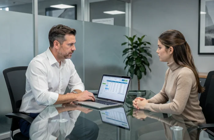 Conseiller bancaire présentant une simulation de prêt immobilier à une cliente dans un bureau professionnel
