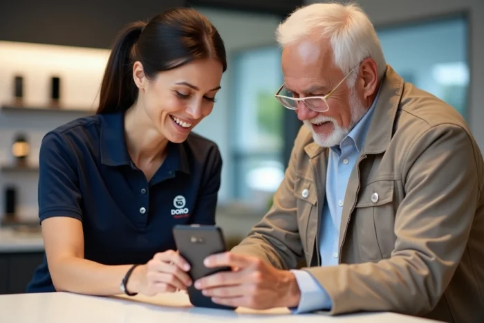 Conseillère en magasin aidant un senior à insérer une carte SIM dans un téléphone Doro