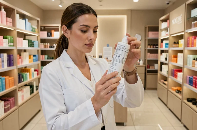 Conseillère beauté Nocibé examinant les ingrédients d'un produit cosmétique en magasin