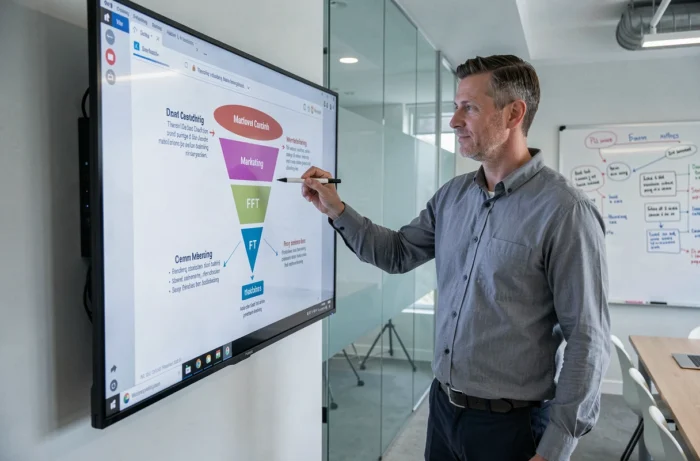 Consultant en marketing digital présentant une stratégie de visibilité d'entreprise sur un écran tactile dans un bureau moderne