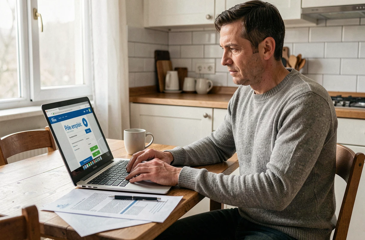 Homme consultant le site Pôle emploi sur son ordinateur portable depuis son domicile