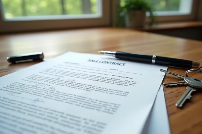 Acte de vente d'un étang posé sur une table avec stylo et clés, clauses annotées pour signature entre particuliers
