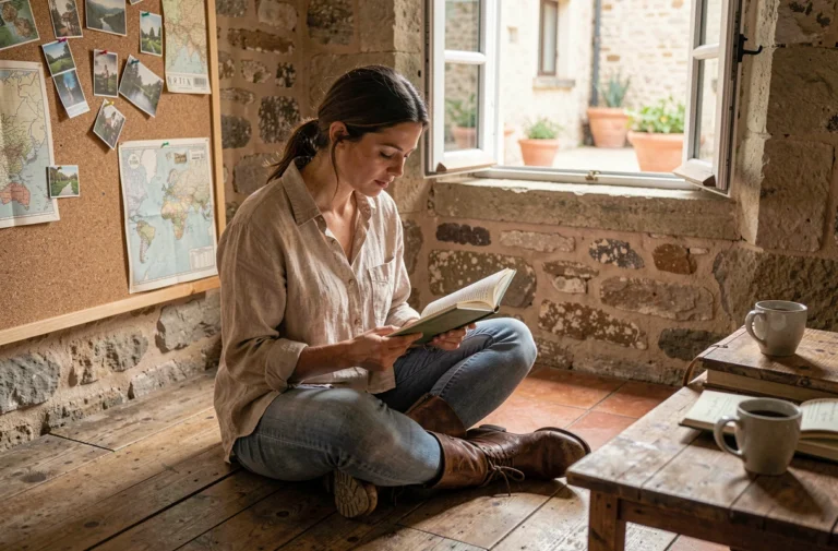 Voyageuse consultant un carnet de voyage manuscrit dans un gîte rustique du sud-ouest de la France, entourée de cartes et de souvenirs de route