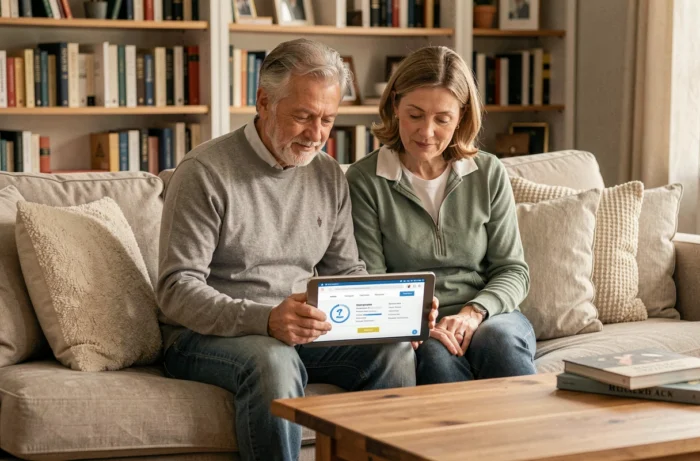 Couple comparant des offres d'assurance sur une tablette dans leur salon