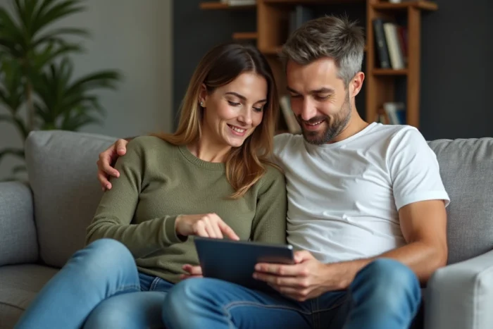 Couple recherchant des petites annonces locales ensemble sur une tablette dans leur salon