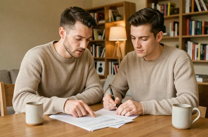 Couple examinant des documents d'assurance emprunteur à leur table de salle à manger dans un appartement moderne