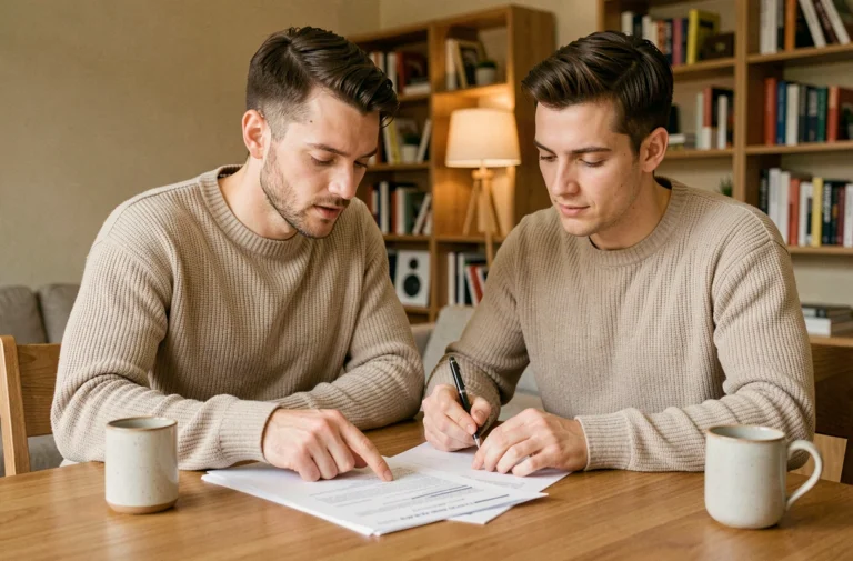 Couple examinant des documents d'assurance emprunteur à leur table de salle à manger dans un appartement moderne