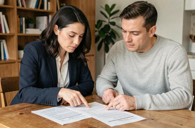 Couple étudiant des documents de crédit immobilier à leur table de cuisine dans un appartement moderne