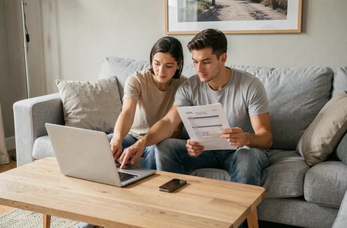 Couple créant ensemble un compte MyFoncia sur ordinateur portable dans leur salon avec un contrat de location