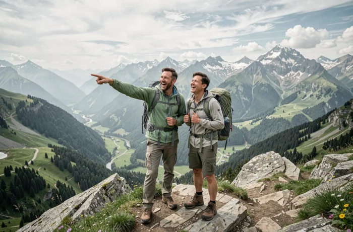 Couple de randonneurs admirant le panorama d'une vallée alpine lors de vacances en montagne en France